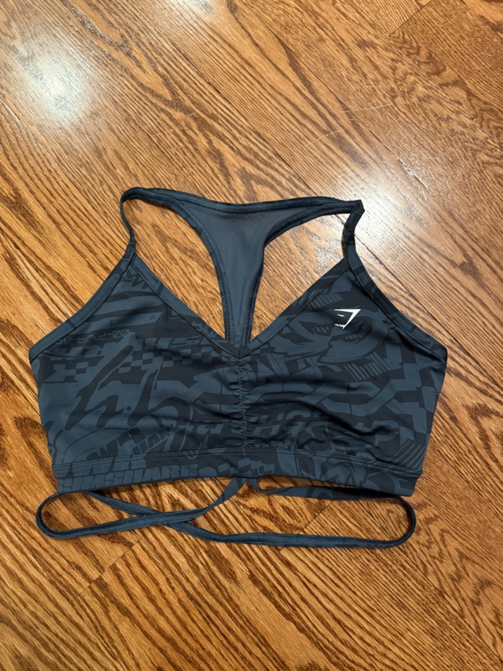 Gymshark Black Patterned V‑Neck Strappy Sports Bra